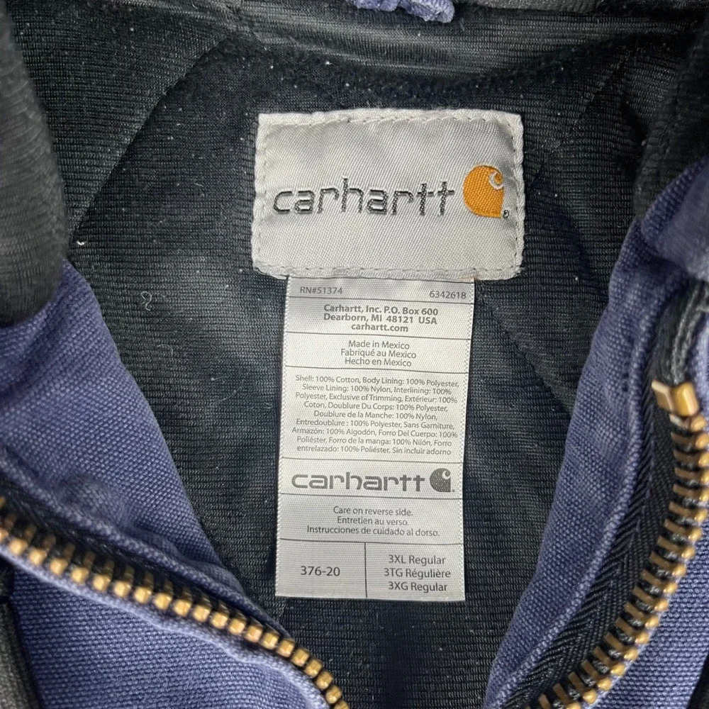 Carhartt 376-20 Duck Canvas Jacket Mens 3XL Navy Blue Hooded Quilted Workwear